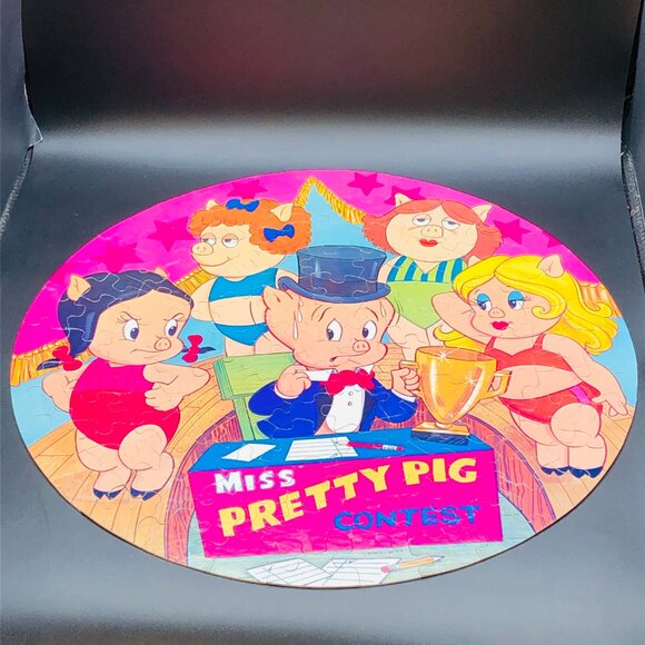 Vintage 1979 Porky Pig Petunia MISS PRETTY PIG 125 pc Round Puzzle -Complete - Picture 2 of 12
